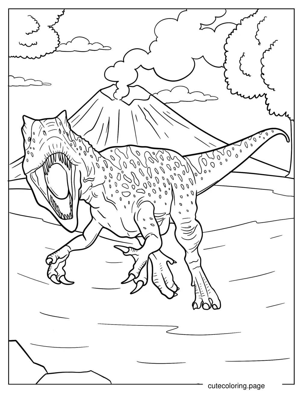 Allosaurus Running In Front Of A Volcano coloring page