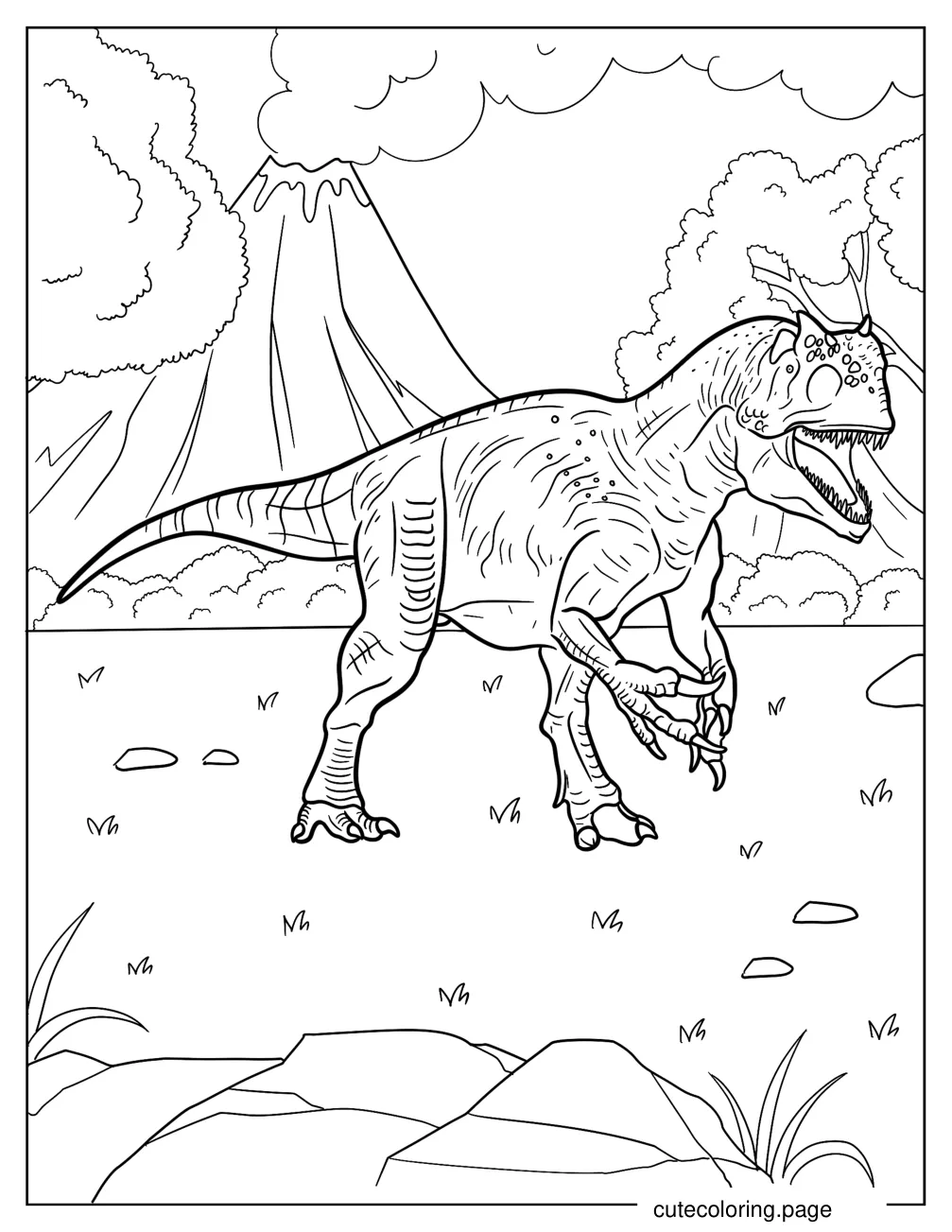 Allosaurus With Textured Skin In Front Of A Volcano Coloring Sheet coloring page