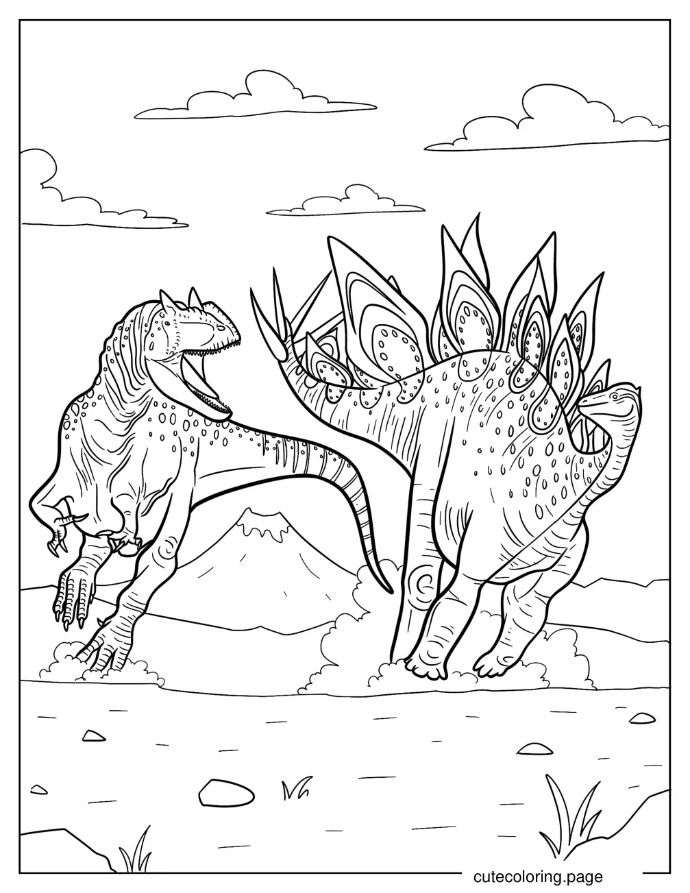 Detailed Stegosaurus Fighting An Allosaurus Coloring Sheet coloring page