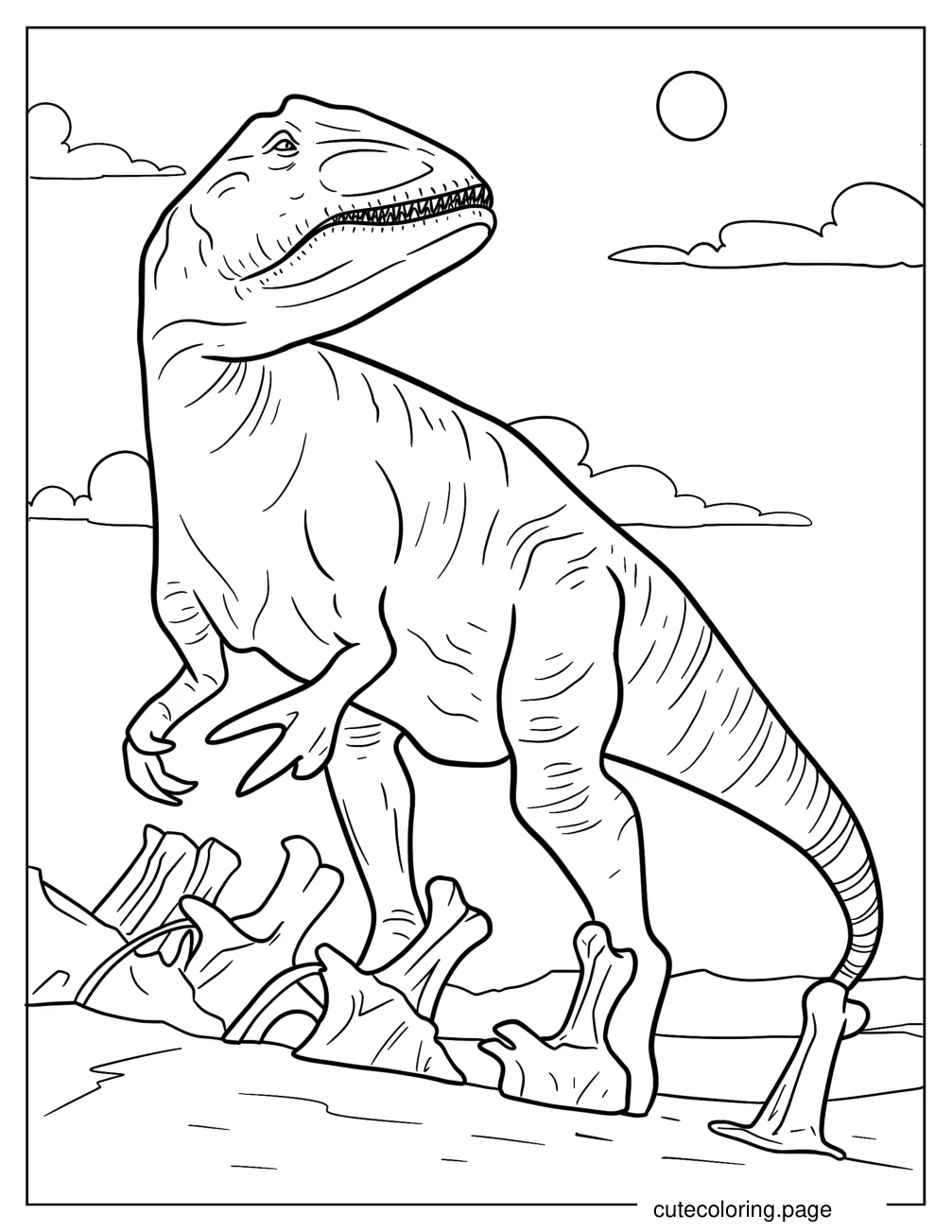 Large Allosaurus With Skeletons On The Ground Coloring Sheet coloring page