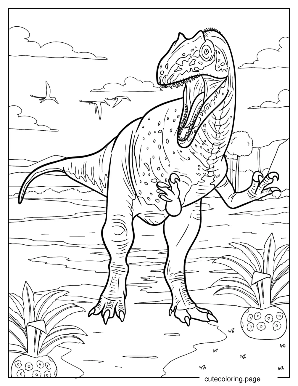 Realistic Allosaurus Roaring Coloring Page coloring page