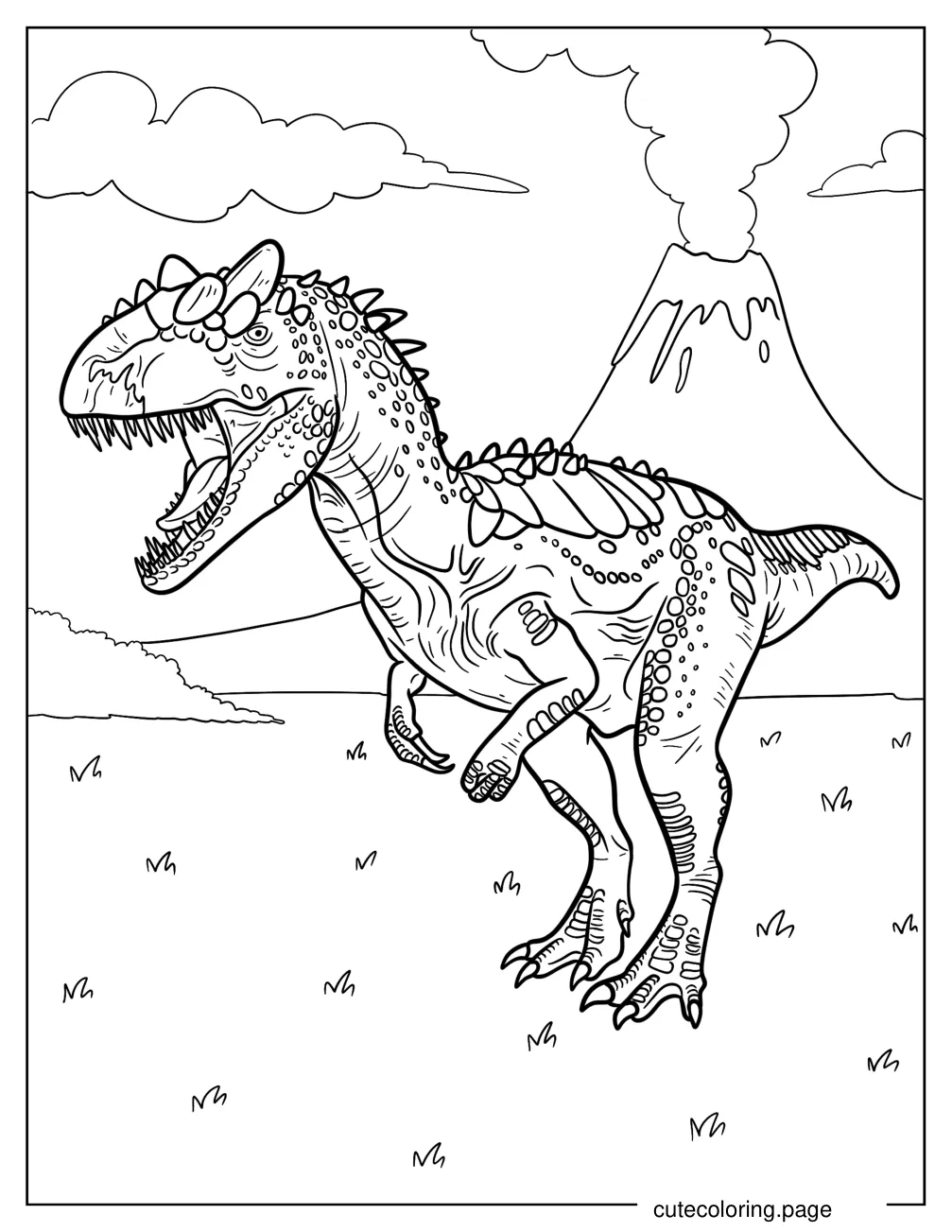 Scaly Allosaurus Running With Volcano In The Background coloring page