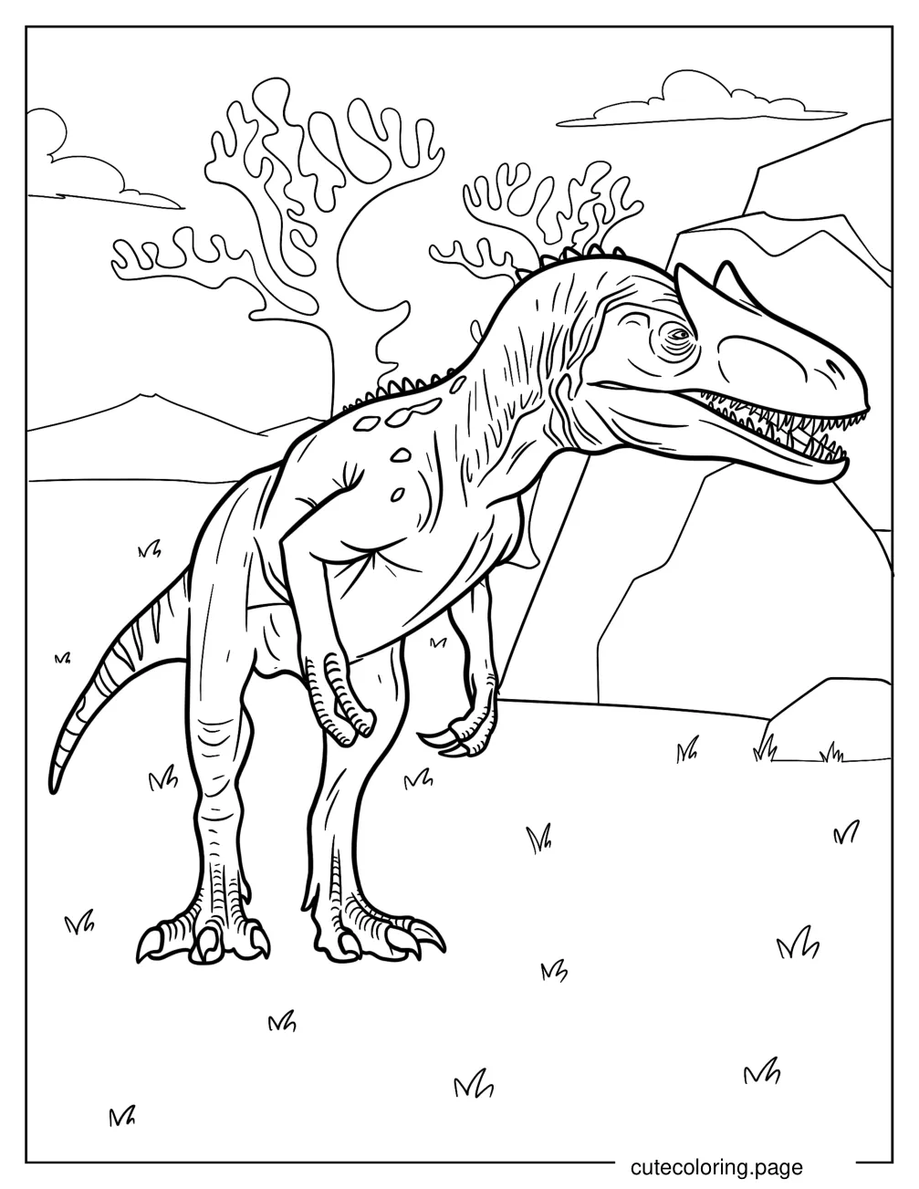 Young Allosaurus Hiding Behind Rock Coloring Sheet coloring page