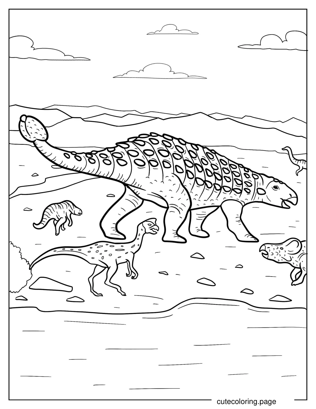 Ankylosaurus Surrounded By Smaller Dinosaurs Coloring Page coloring page