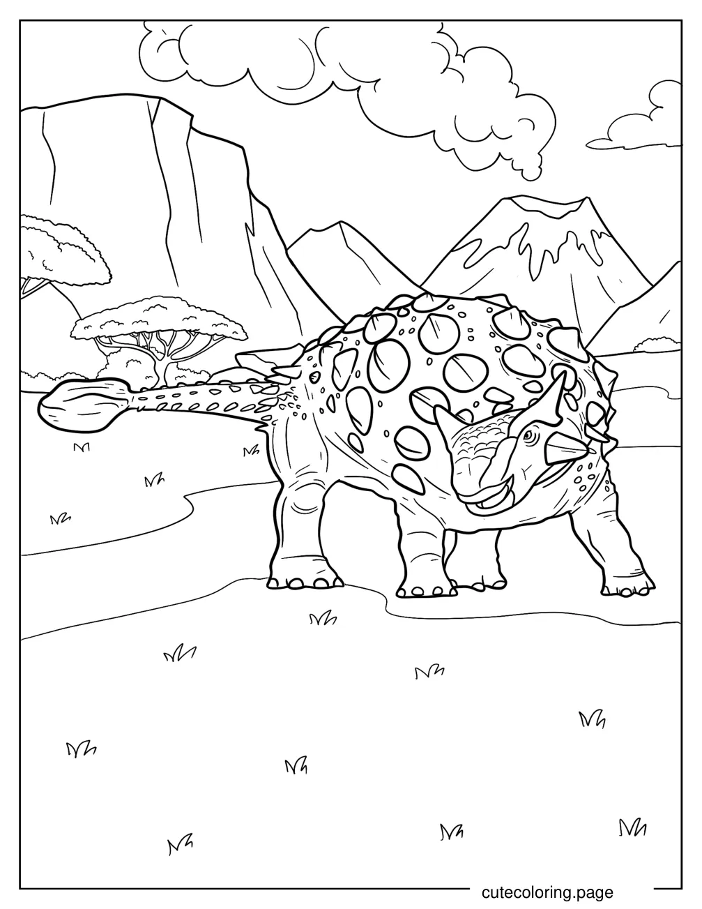 Ankylosaurus Walking In Front Of A Volcano Coloring Page coloring page