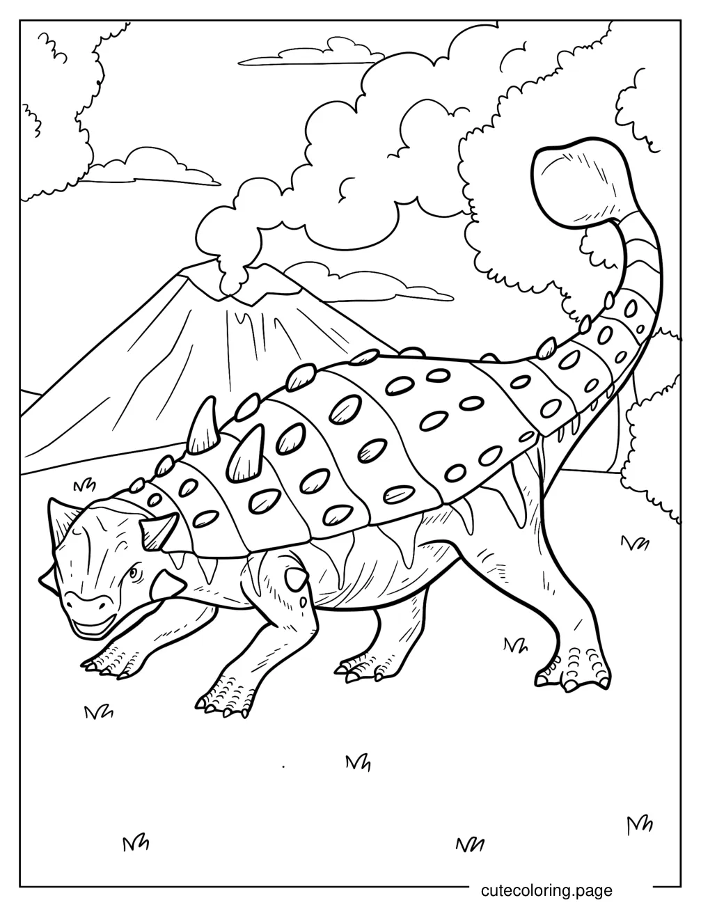 Ankylosaurus With Volcano In The Background coloring page