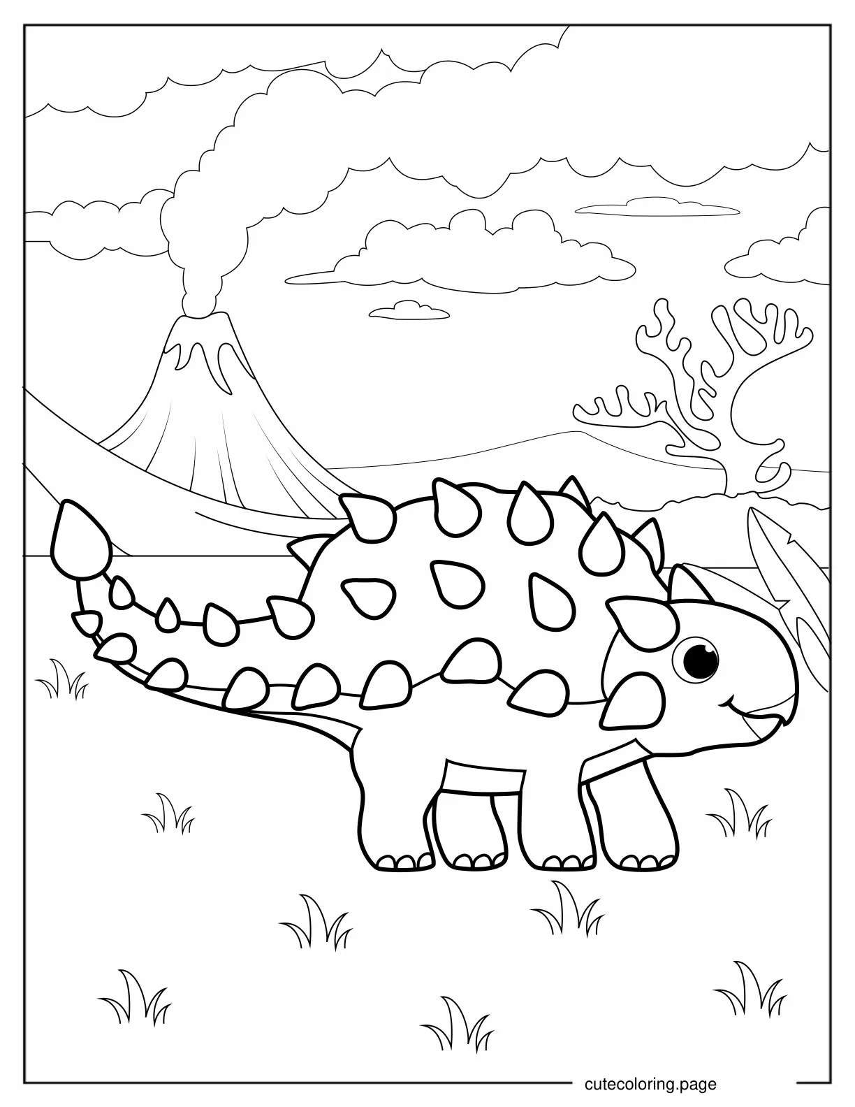 Cute Chibi Ankylosaurus With Volcano Coloring Page For Preschoolers coloring page