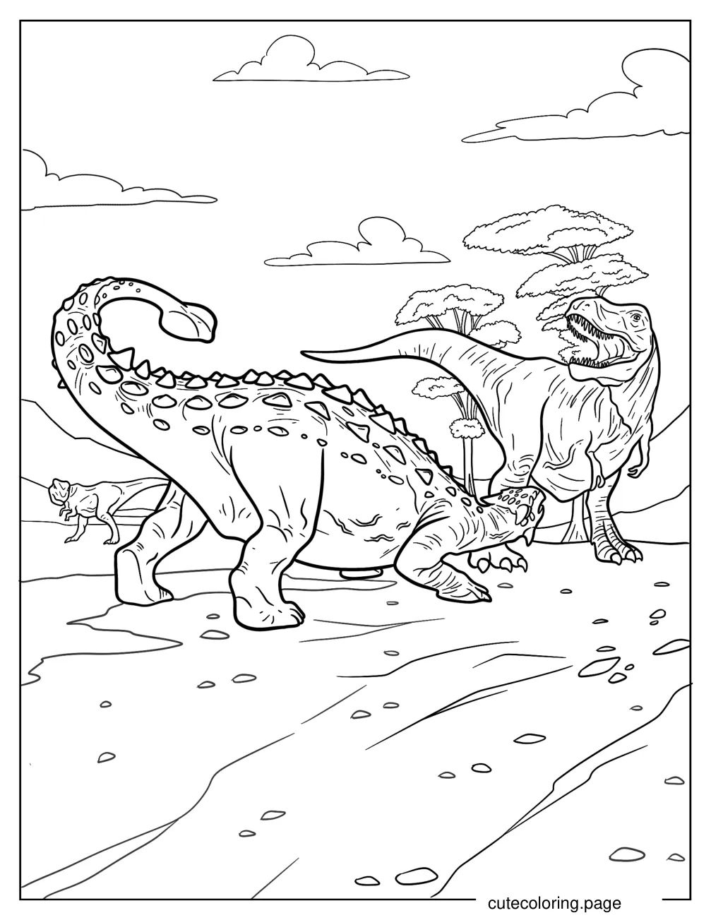 Realistic Ankylosaurus Fighting T Rex coloring page