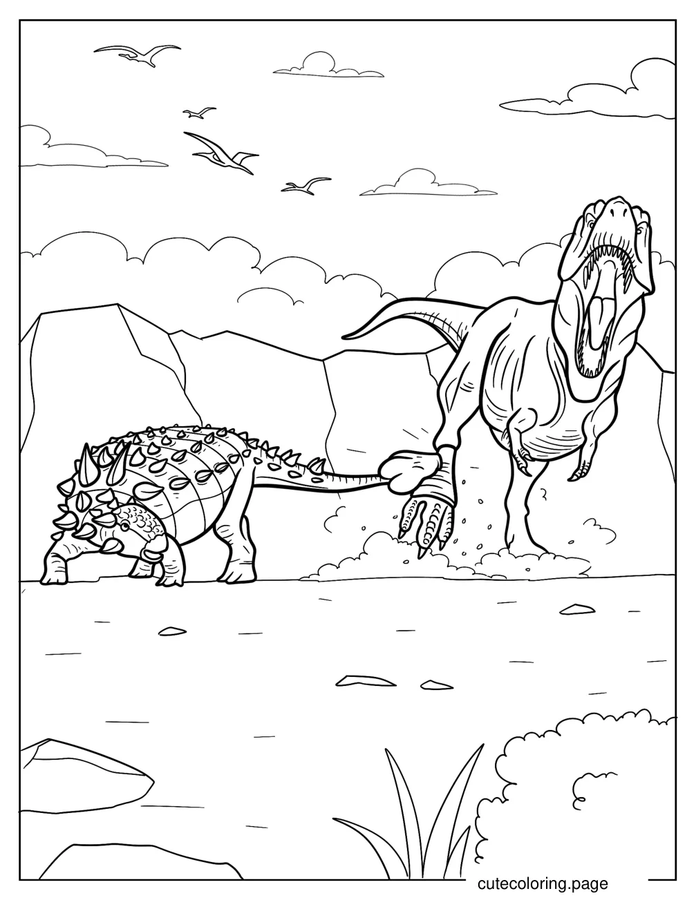 T Rex Chasing An Ankylosaurus Coloring Sheet coloring page