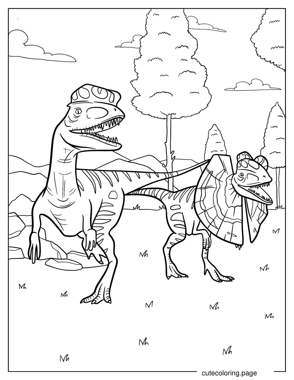 Dikophosaurus With Head Crest Hunting With A Dilophosaurus With Frills coloring page