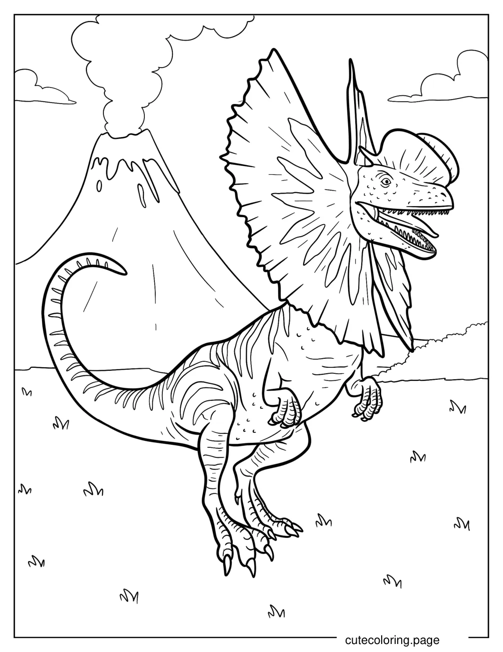 Dilophosaurus In Front Of A Smoking Volcano Coloring Page coloring page