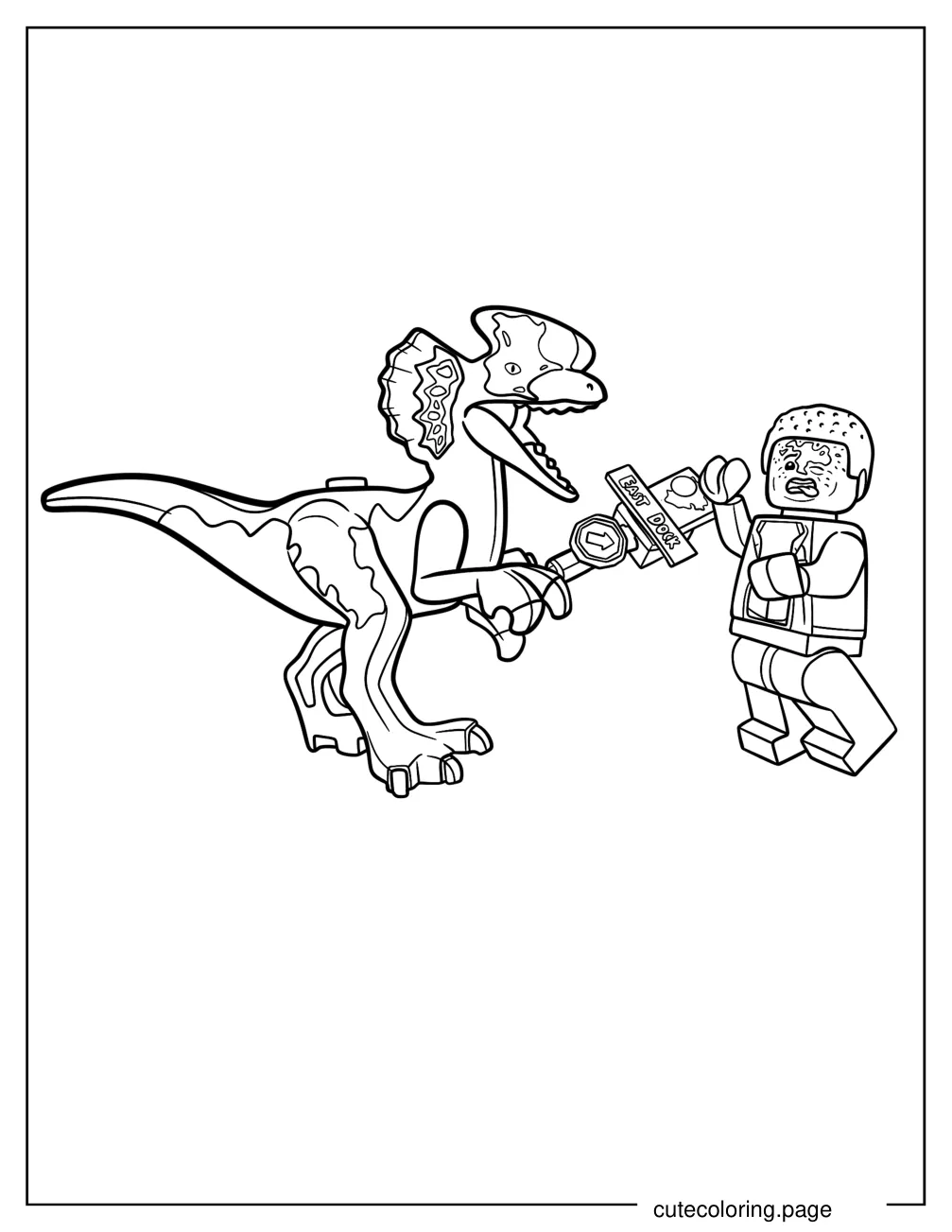 Dilophosaurus Lego Attacking Lego Man Coloring Sheet For Kids coloring page