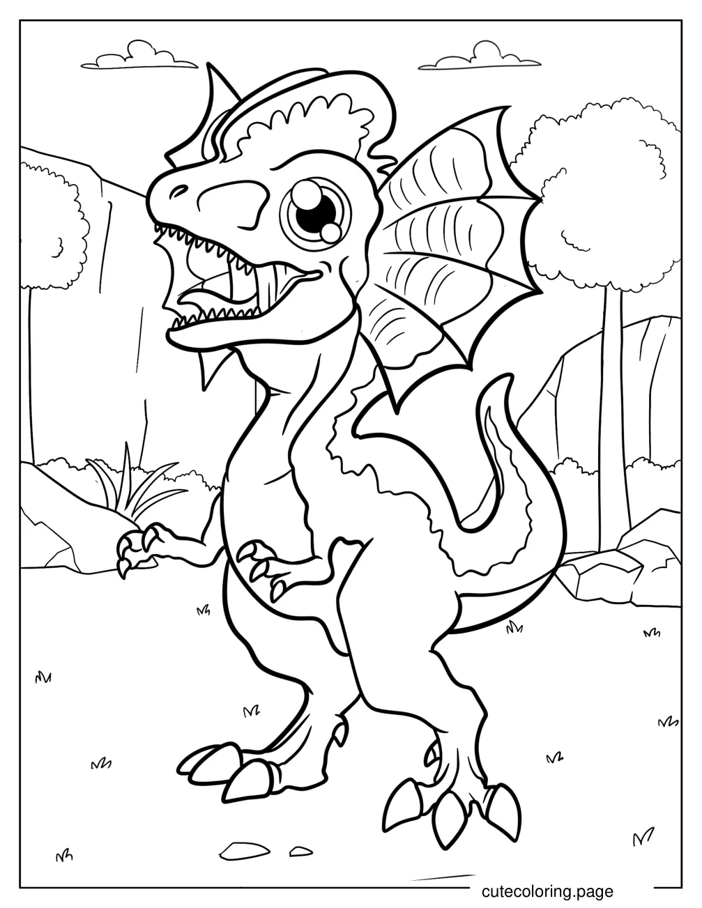 Kawaii Dilophosaurus In The Wild Coloring Page For Kids coloring page