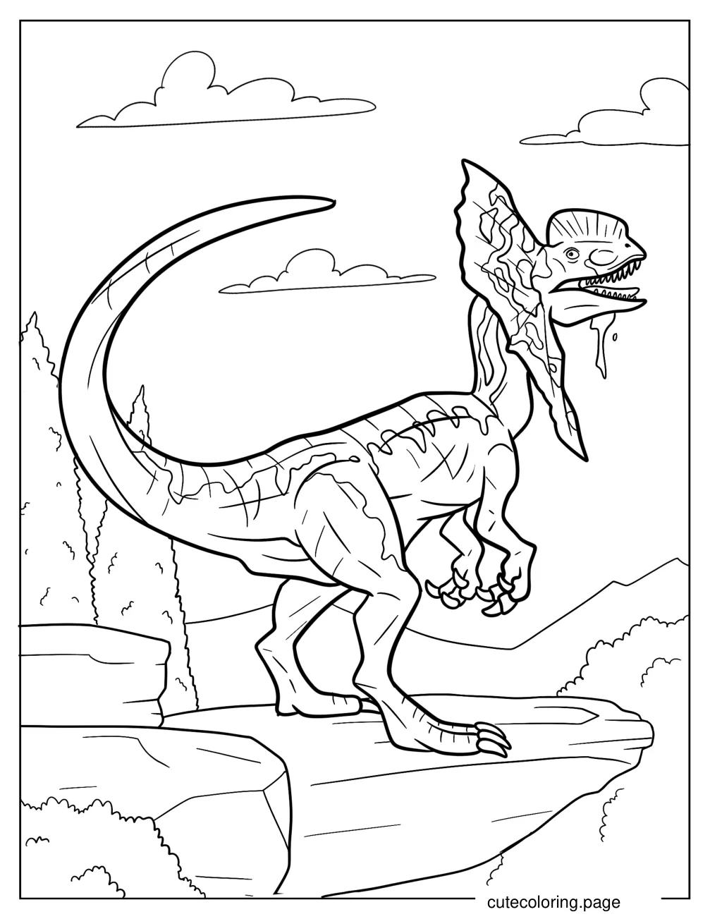 Realistic Dilophosaurus Standing On A Cliff coloring page