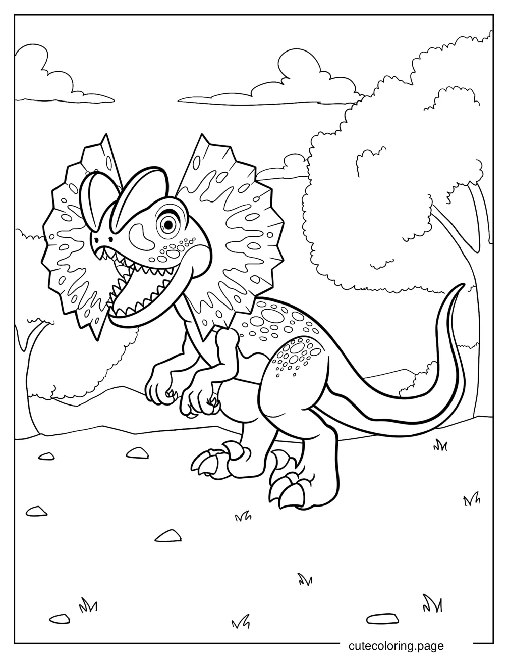 Smiling Dilophosaurus With Frills Coloring Sheet For Preschoolers coloring page