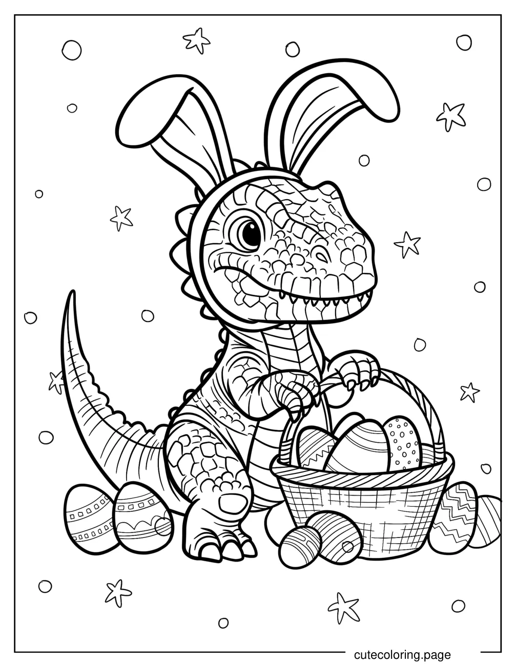 Cute Dinosaur With Bunny Ears And Easter Eggs coloring page