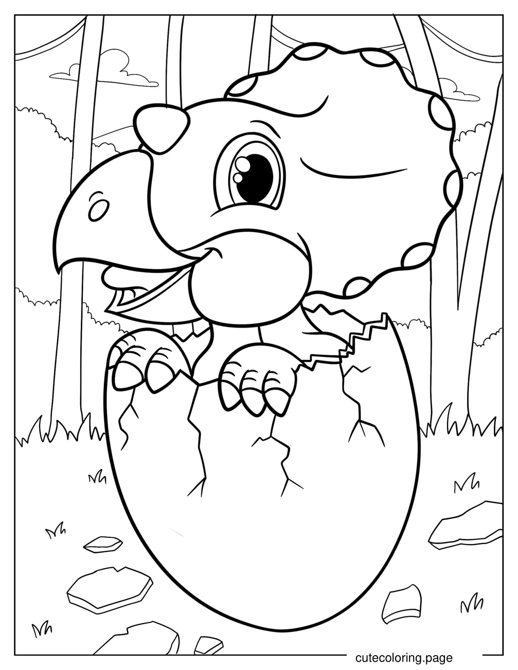 Kawaii Triceratops Coming Out Of Dinosaur Egg Coloring Page For Kids coloring page