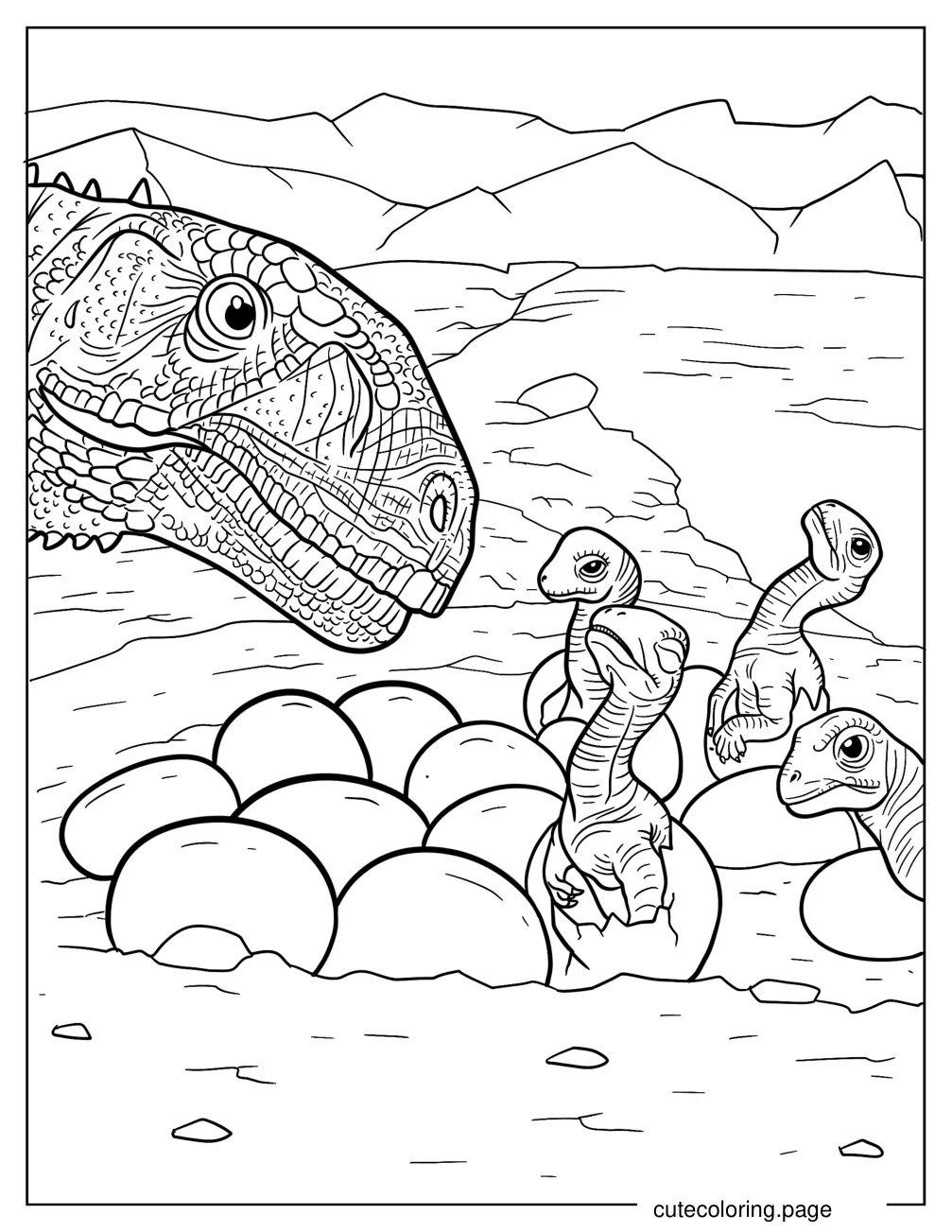 Mama Dinosaur Checking On Hatchlings And Dinosaur Eggs coloring page