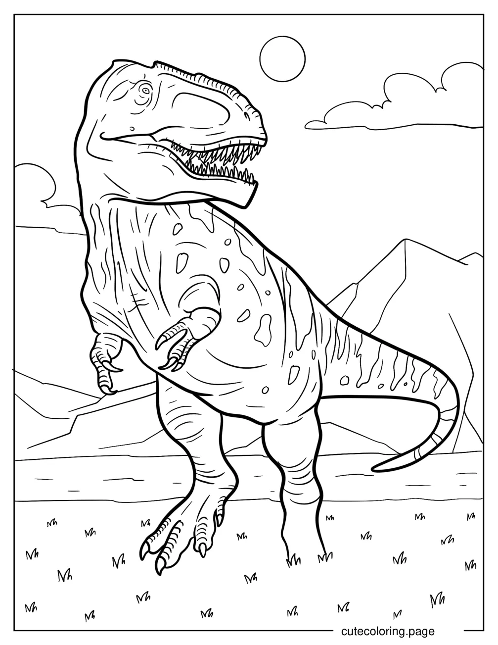 Detailed Gigantosaurus In A Rocky Terrain Coloring Page coloring page