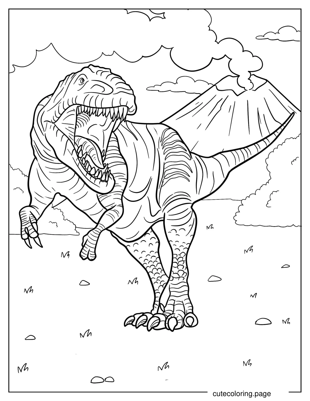 Gigantosaurus Roaring In Front Of A Smoking Volcano Coloring Page coloring page