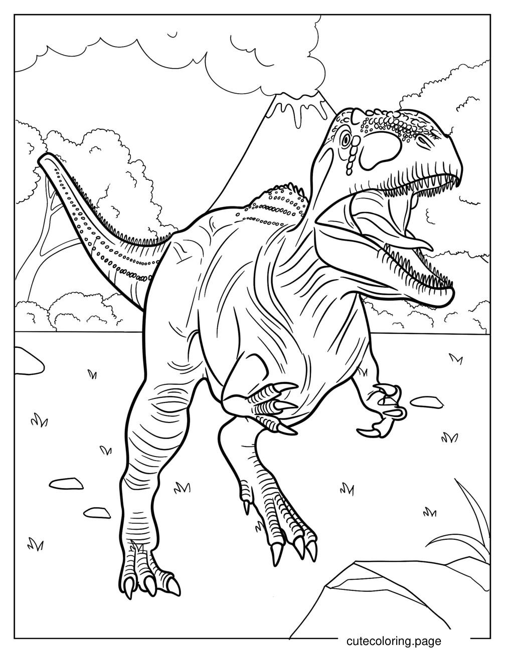 Gigantosaurus Running And Growling With Volcano In The Background coloring page