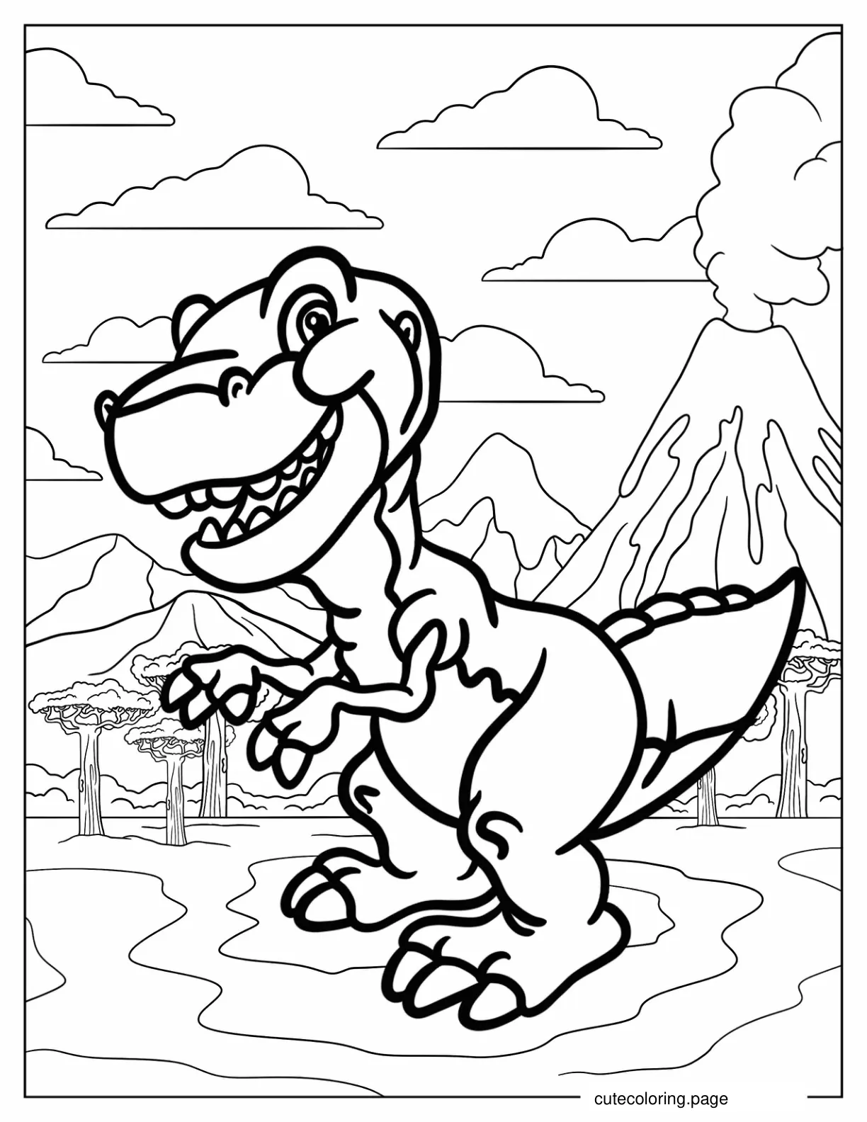 Chibi Chomper In Front Of Volcano Coloring Page coloring page