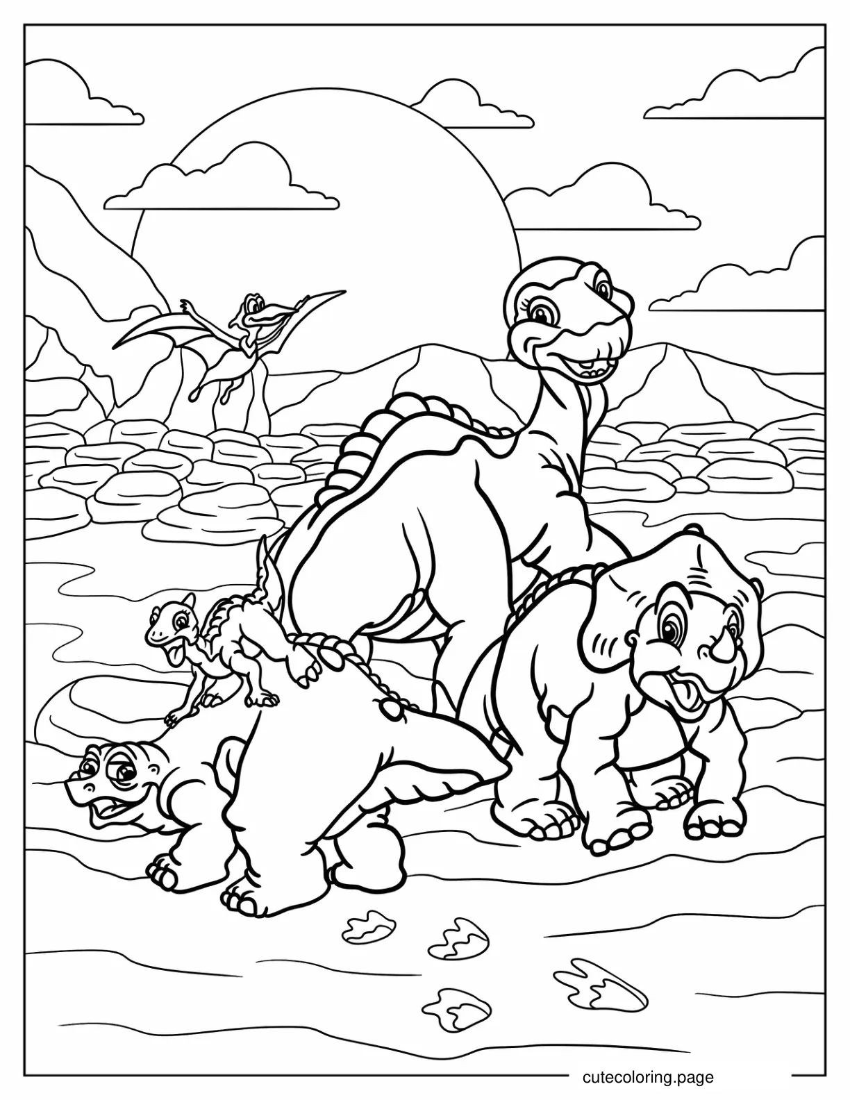 Land Before Time Cera Littlefoot Spike Petrie And Ducky On Rocky Terrain coloring page