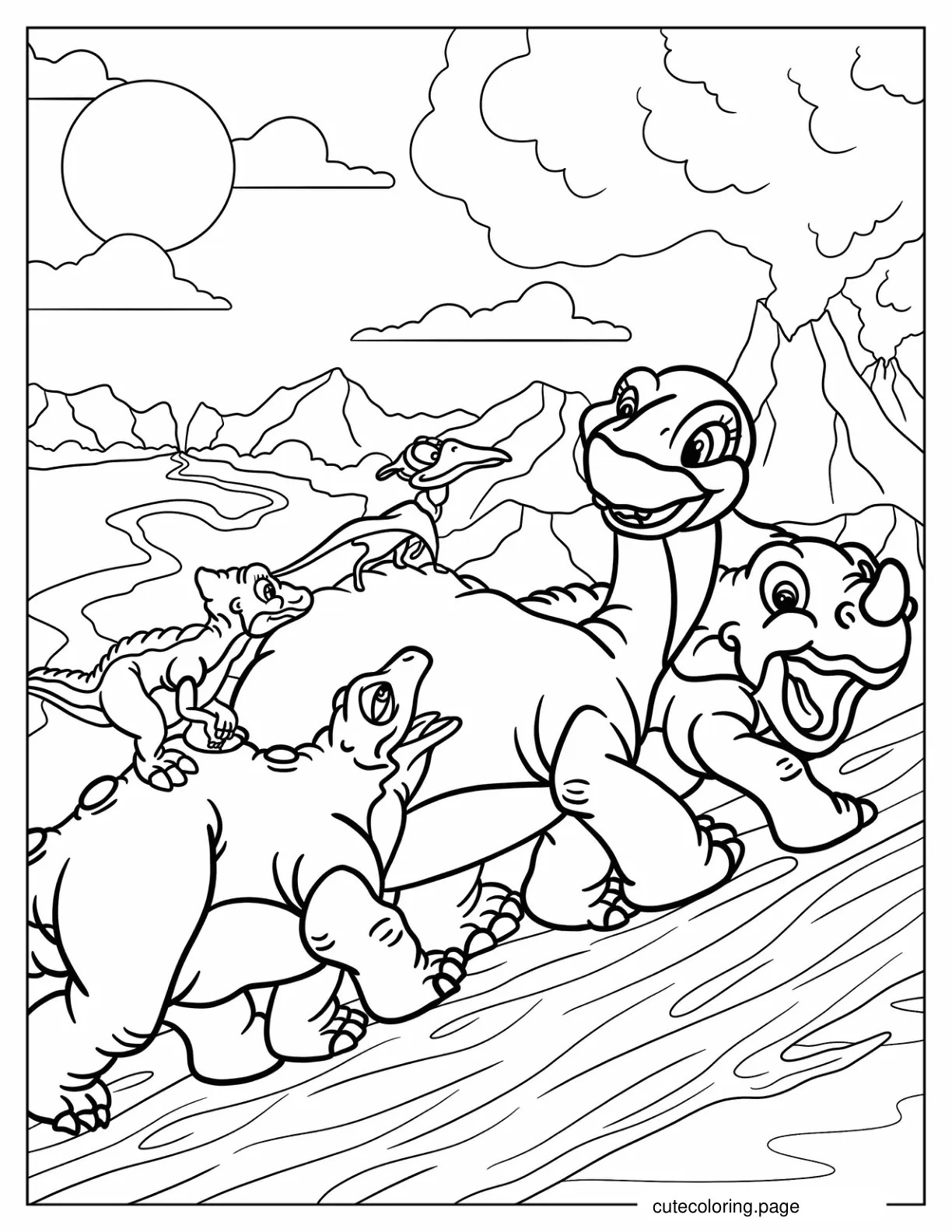 Land Before Time Littlefoot Cera Ducky Petrie And Spike Walking Up The Mountain coloring page