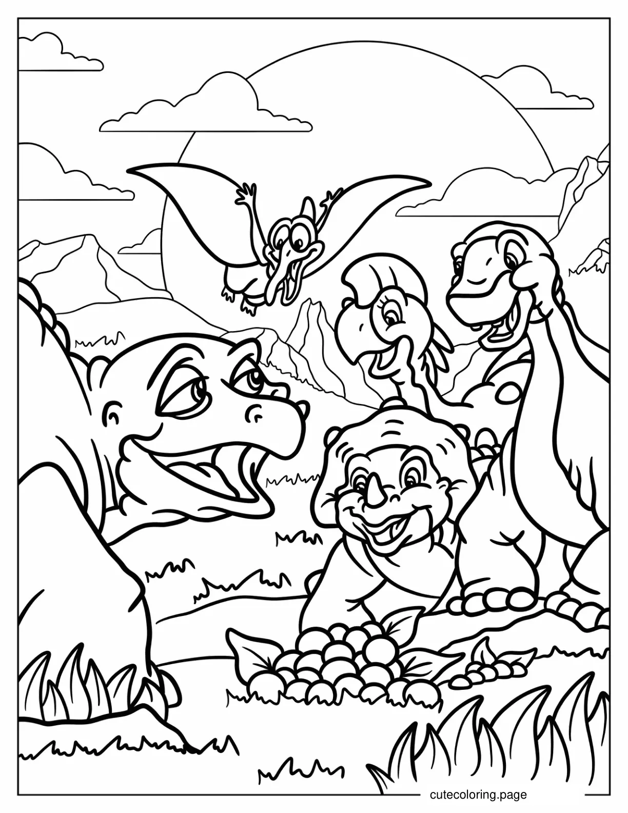 Land Before Time Spike With Littlefoot Cera Petrie And Ruby In The Mountain Coloring Sheet coloring page