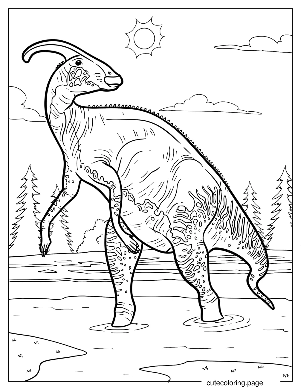 Detailed Parasaurolophus In The Water coloring page