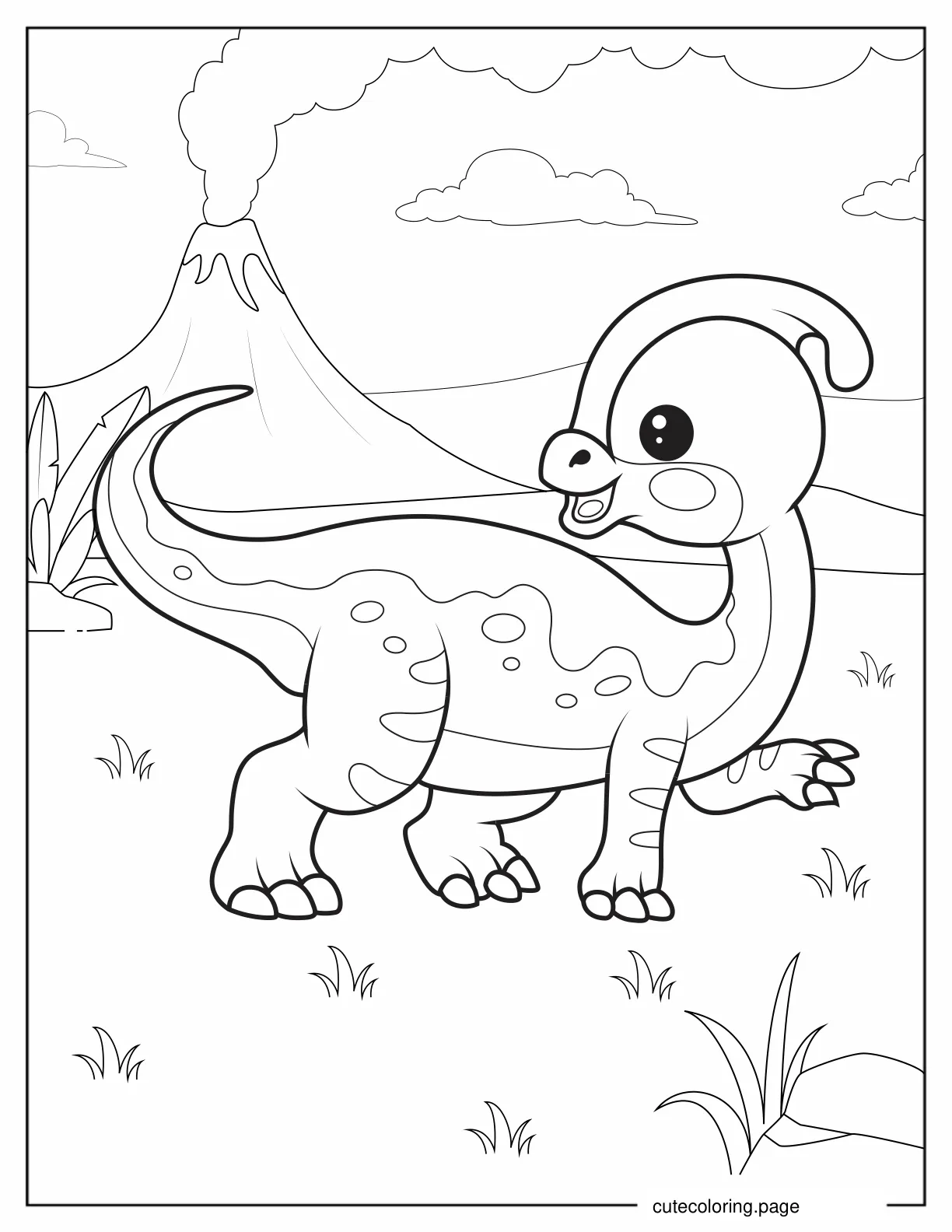 Kawaii Parasaurolophus With Volcano Coloring Page For Preschoolers coloring page