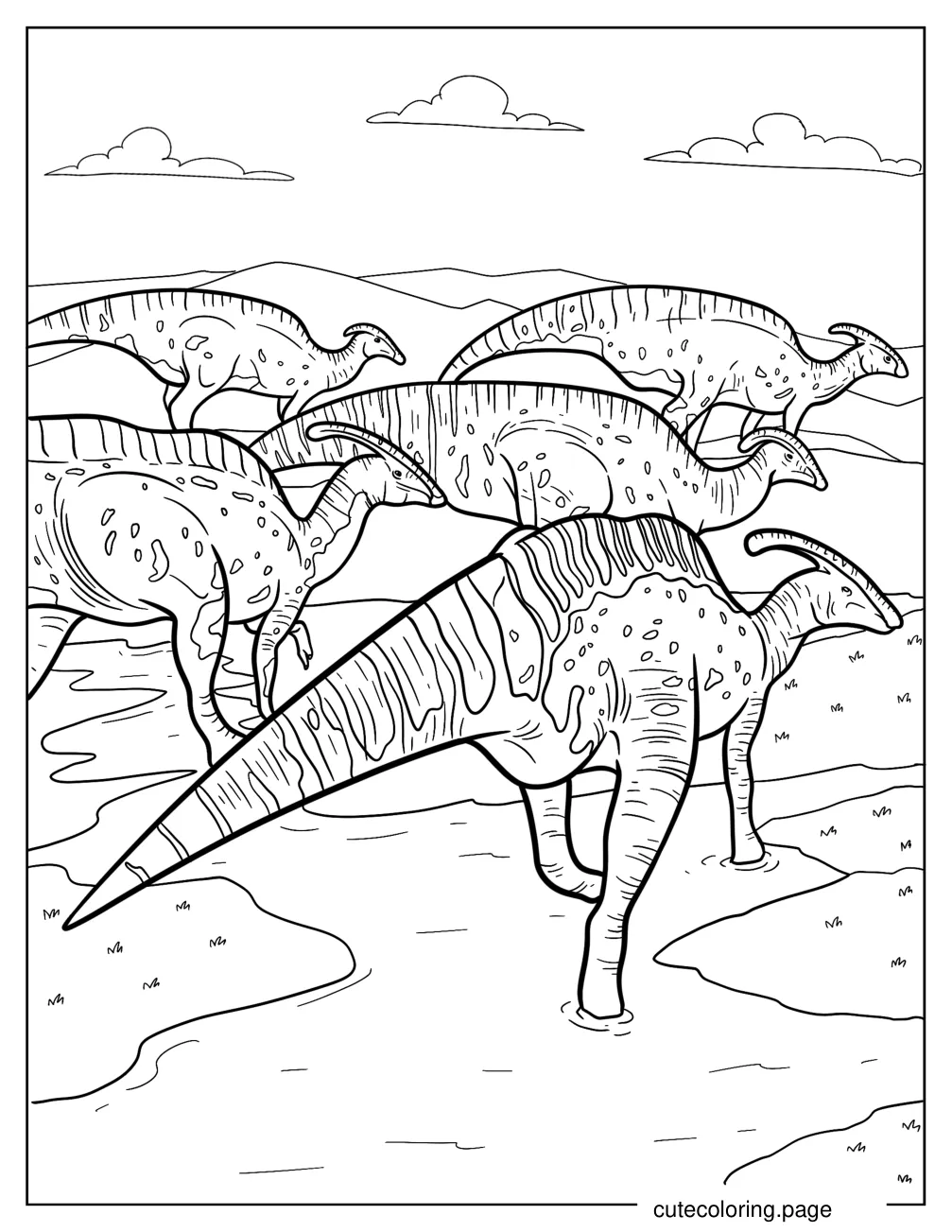 Parasaurolophus Pack Traveling Together coloring page