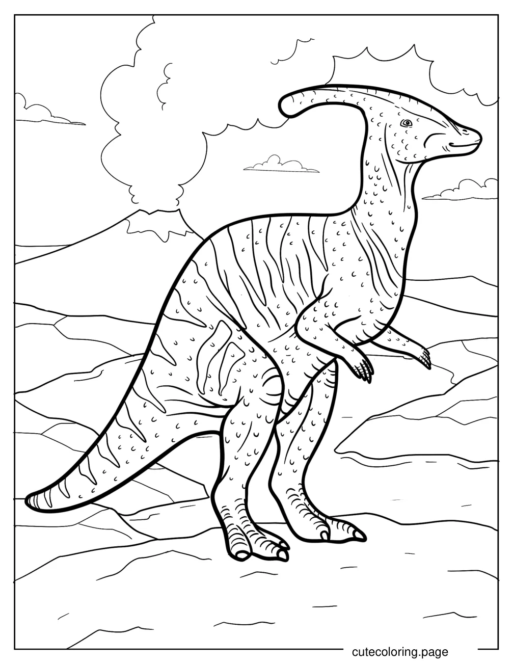 Parasaurolophus Standing In Front Of Volcano Coloring Page coloring page