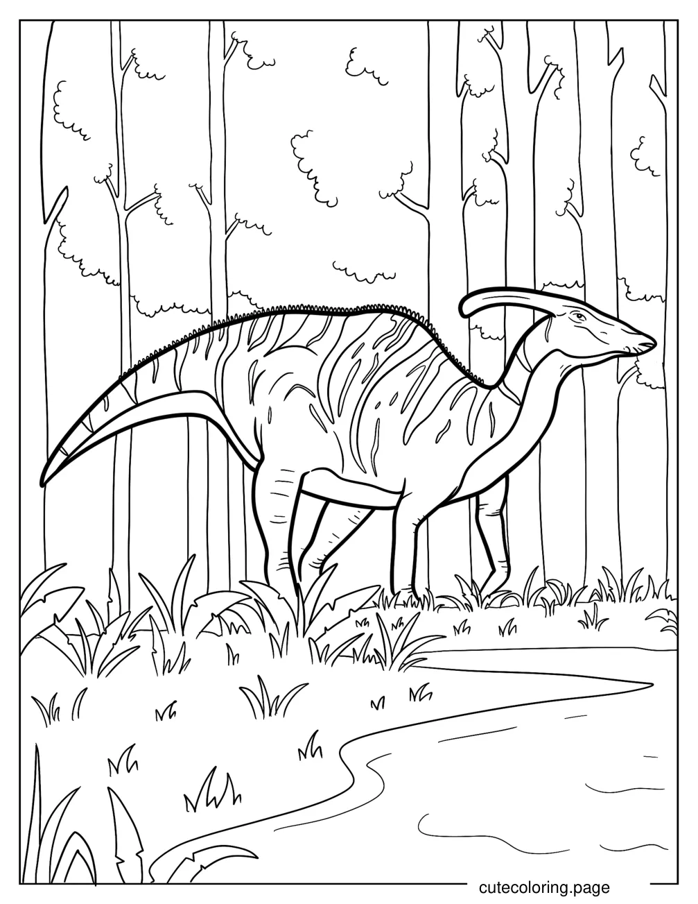 Parasaurolophus Walking In The Forest Coloring Page coloring page