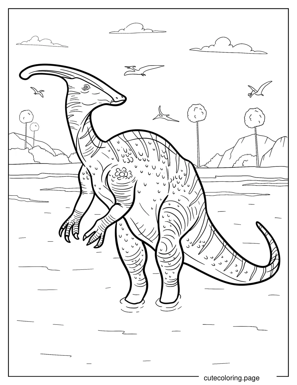 Parasaurolophus With Pterodactyl In The Background Coloring Page coloring page