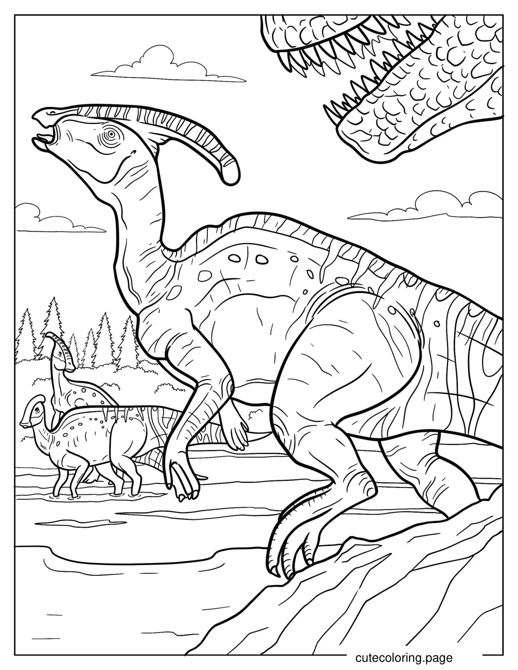 Young Parasaurolophus Running With Other Dinosaurs Coloring Sheet coloring page