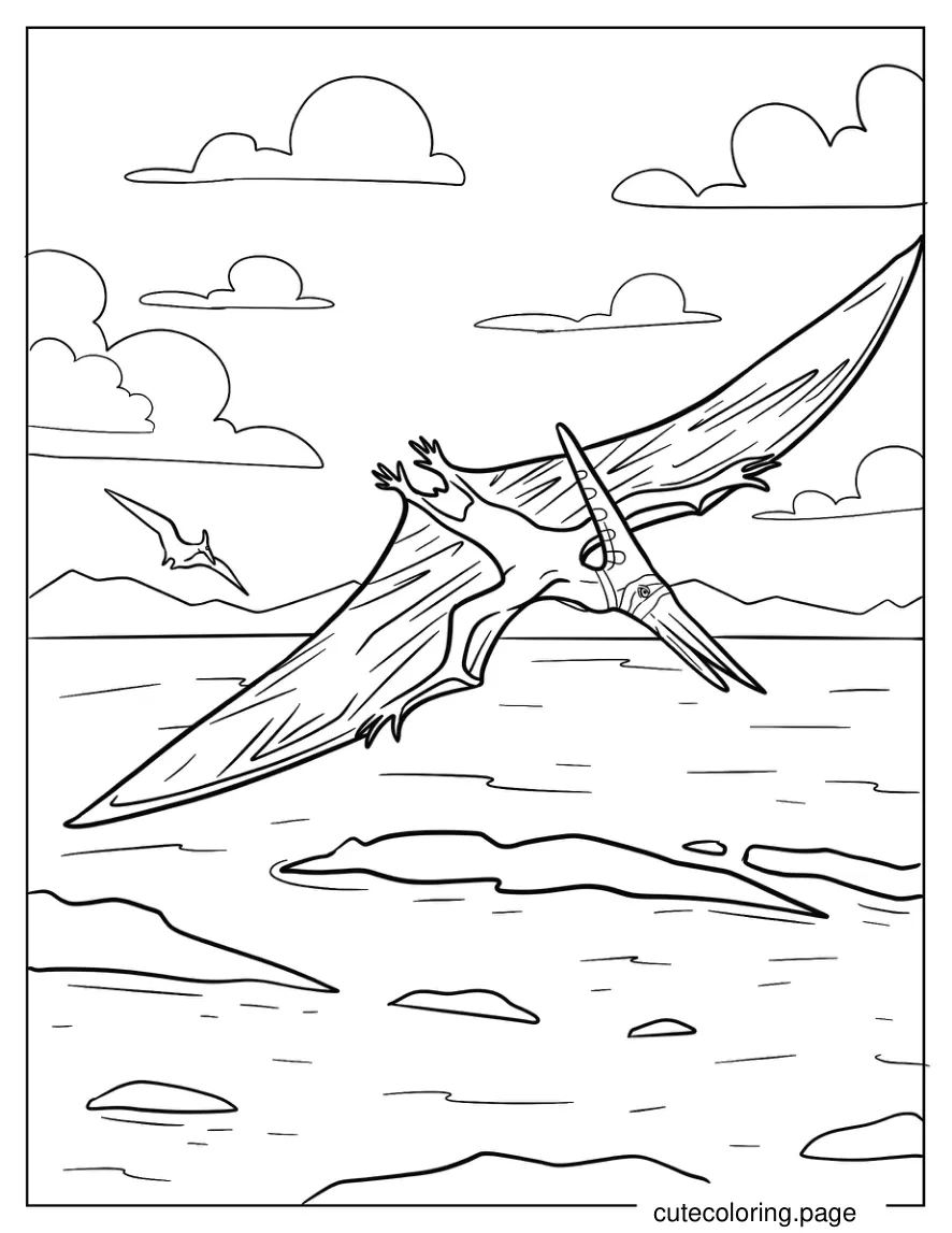 Realistic Pterodactyl Flying Over The Sea coloring page