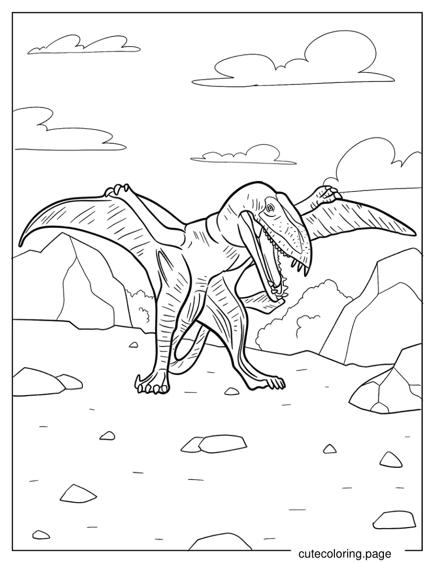 Scary Pterodactyl Standing On The Ground And Spreading Wings coloring page