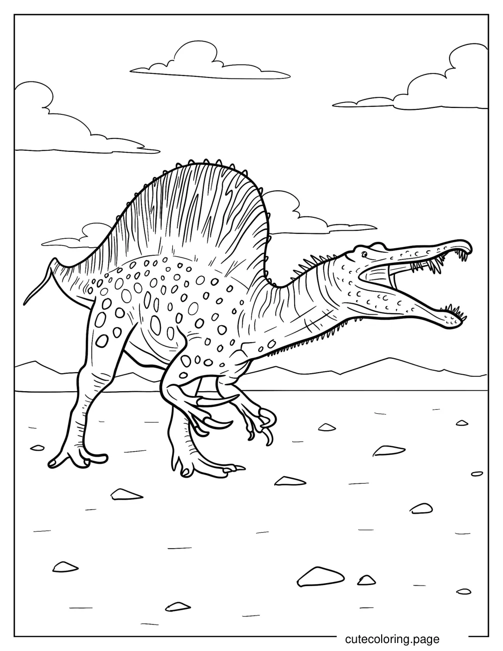 Dotted Spinosaurus Roaring Coloring Sheet For Kids coloring page