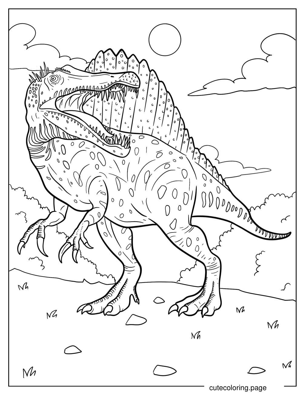 Large Spinosaurus With Detailed Spine And Sharp Teeth Coloring Page coloring page