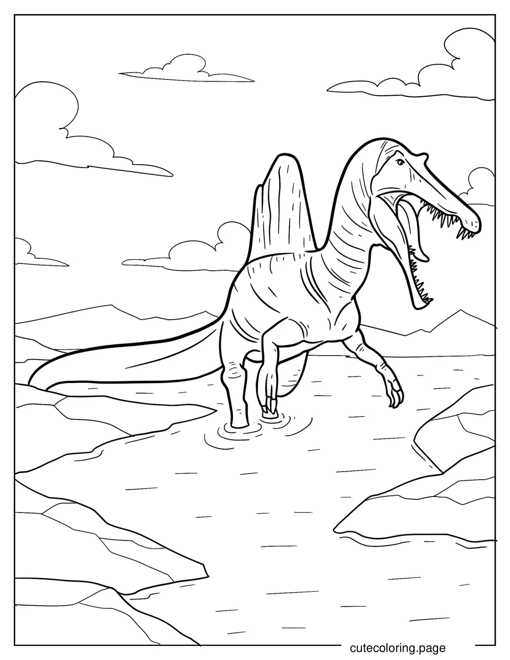 Spinosaurus Walking On The Shore Coloring Sheet For Kids coloring page