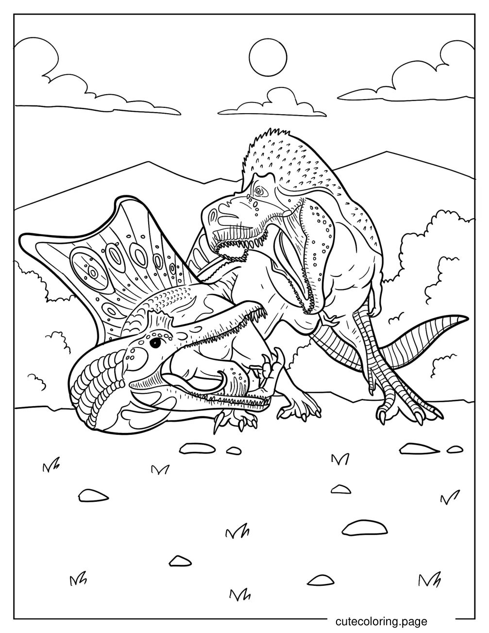 T Rex Fighting A Spinosaurus Coloring Page coloring page