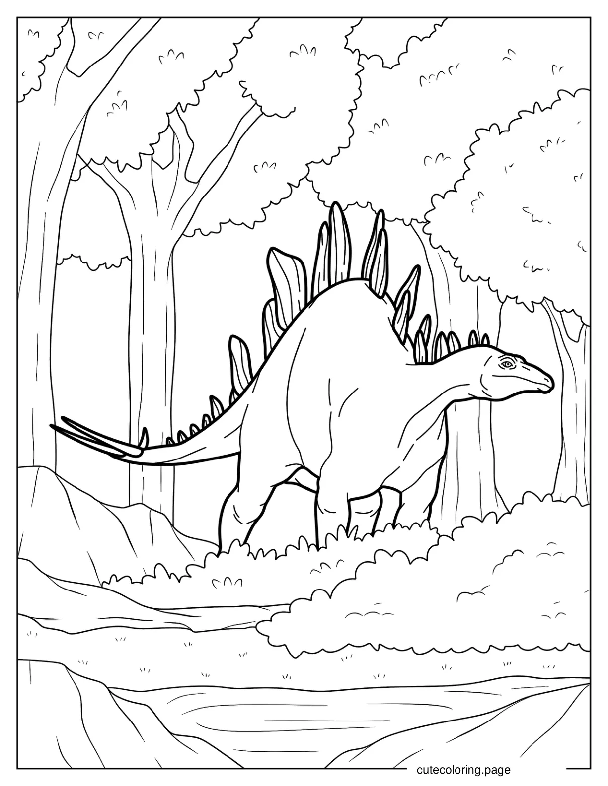 Realistic Stegosaurus In The Forest coloring page