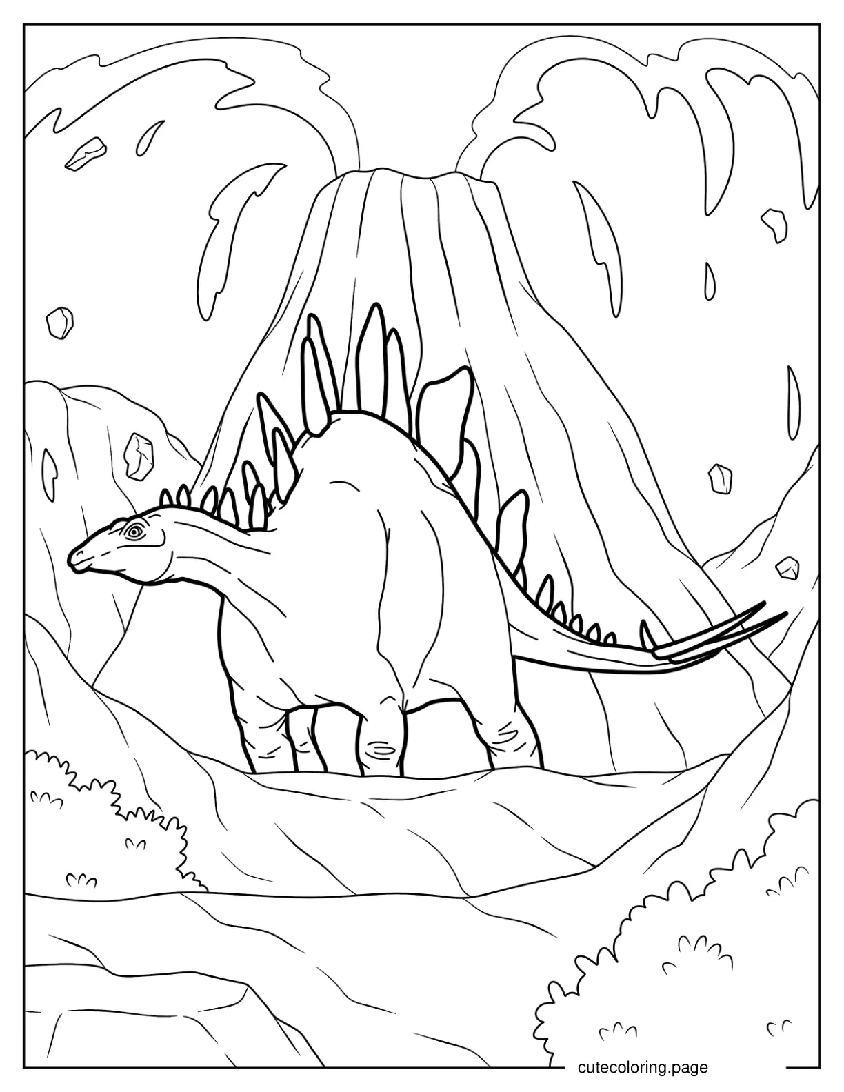 Stegosaurus In Front Of Erupting Volcano Coloring Page coloring page